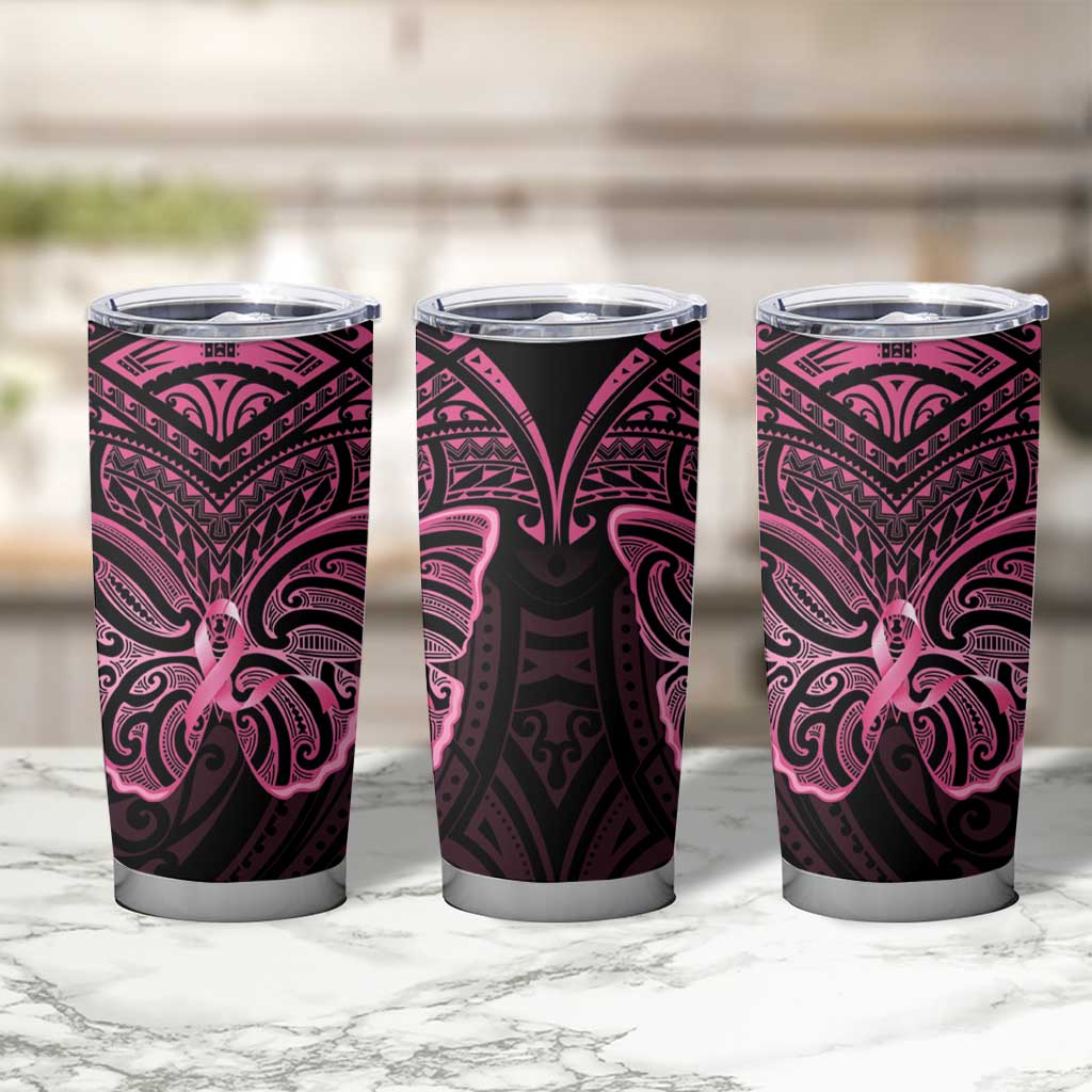 New Zealand Breast Cancer Awareness Tumbler Cup Maori Butterfly Pink Ribbon Black Version LT14 - Polynesian Pride