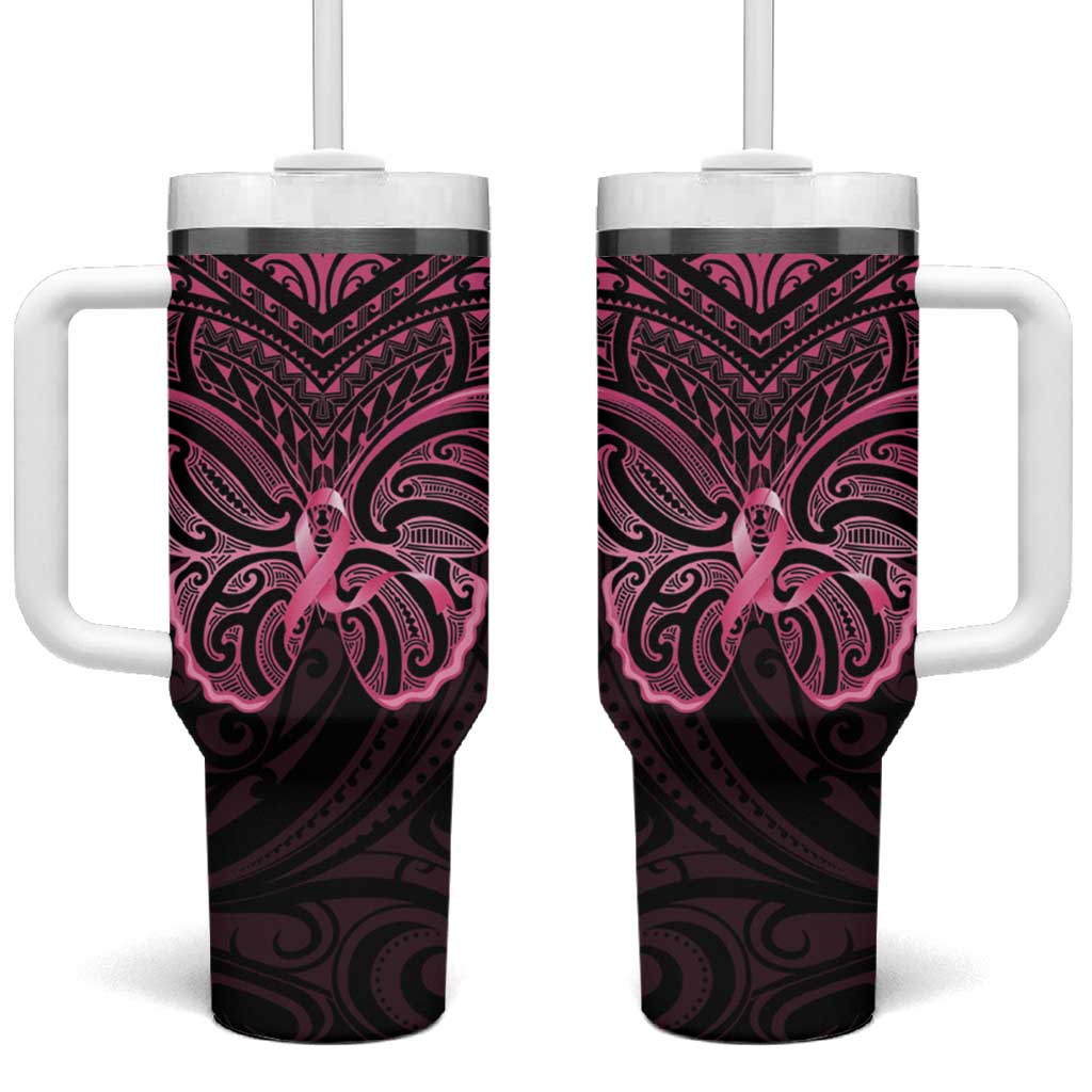 New Zealand Breast Cancer Awareness Tumbler With Handle Maori Butterfly Pink Ribbon Black Version LT14 One Size: 40 oz Black - Polynesian Pride