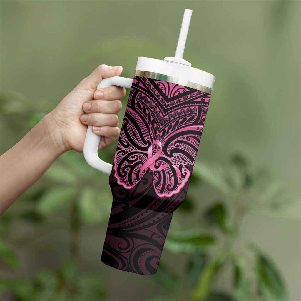 New Zealand Breast Cancer Awareness Tumbler With Handle Maori Butterfly Pink Ribbon Black Version LT14 - Polynesian Pride