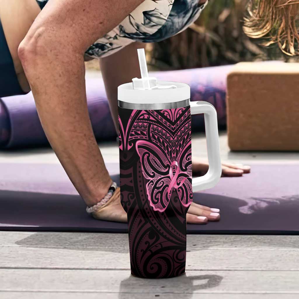 New Zealand Breast Cancer Awareness Tumbler With Handle Maori Butterfly Pink Ribbon Black Version LT14 - Polynesian Pride