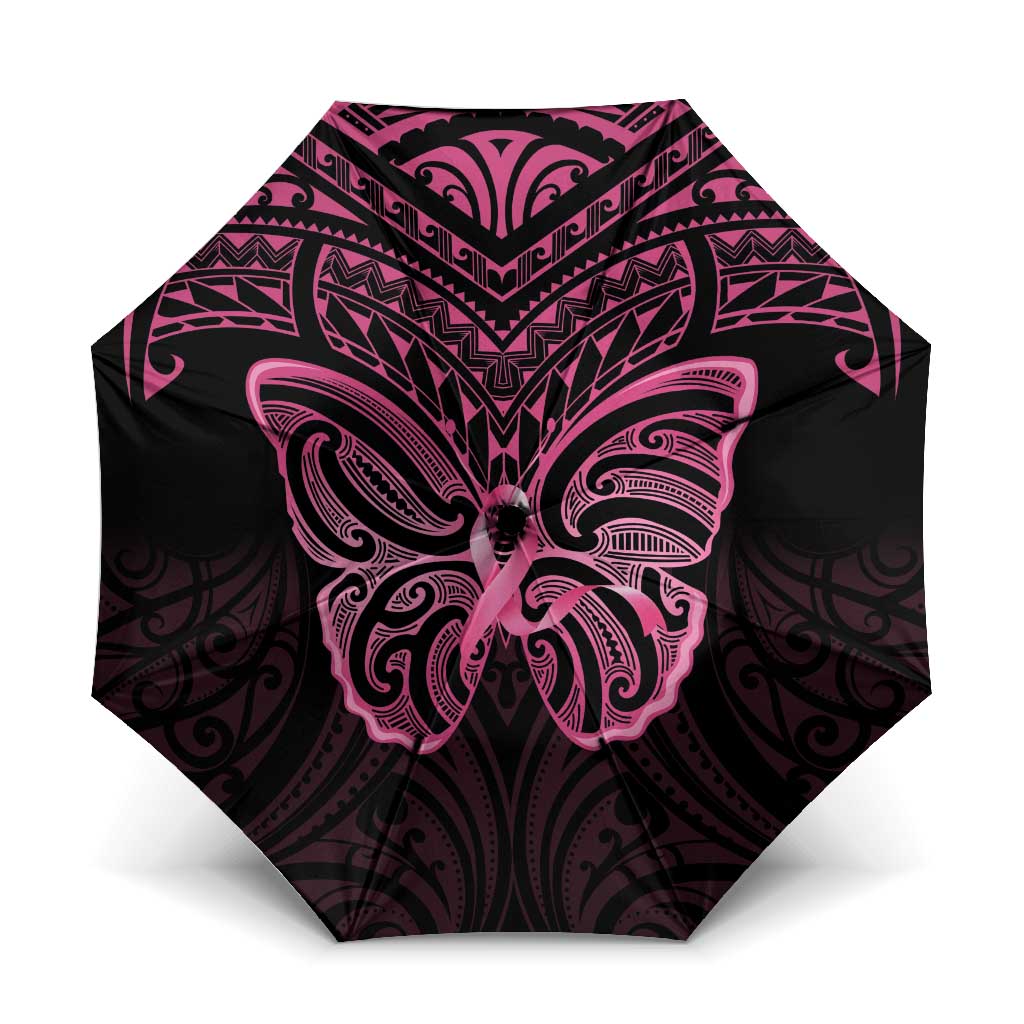 New Zealand Breast Cancer Awareness Umbrella Maori Butterfly Pink Ribbon Black Version LT14 One Size Folded 11.42 inch Opened Diameter 37.4 inch Black - Polynesian Pride