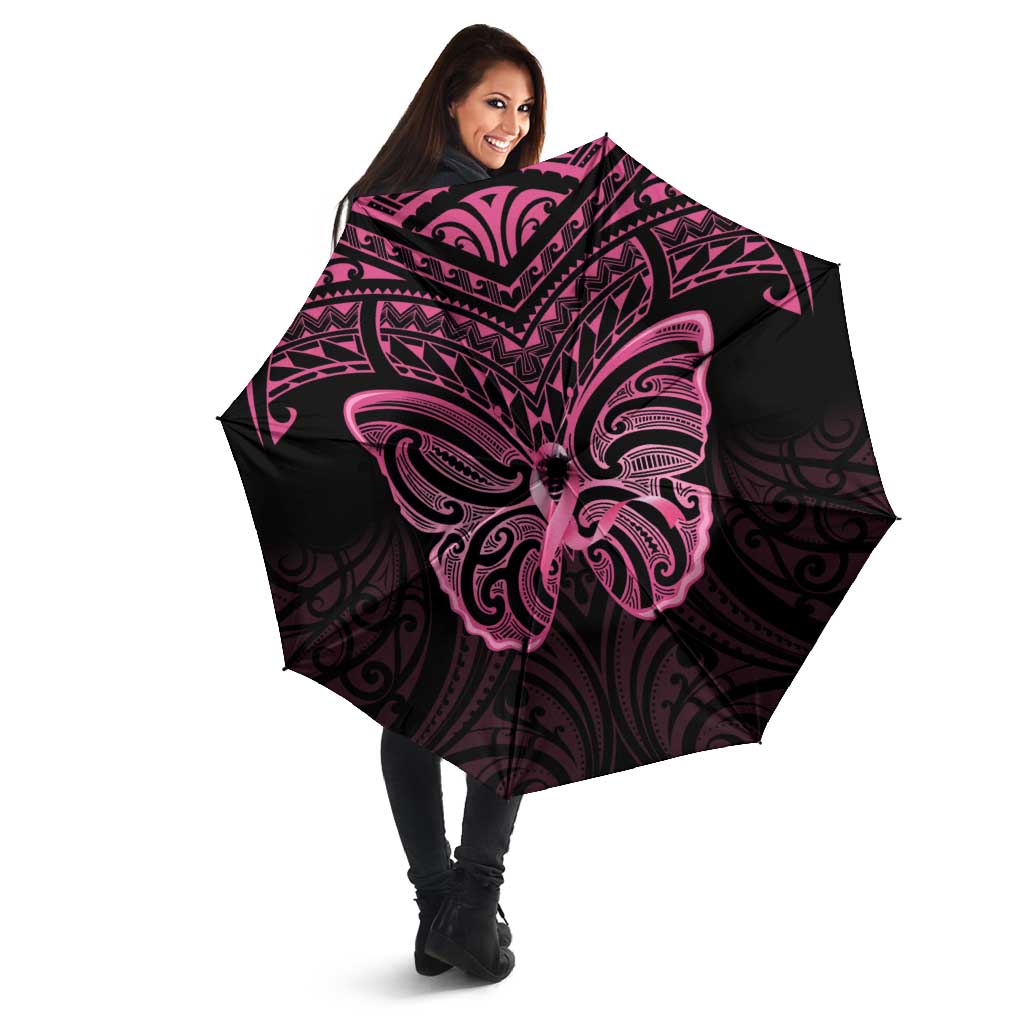 New Zealand Breast Cancer Awareness Umbrella Maori Butterfly Pink Ribbon Black Version LT14 - Polynesian Pride