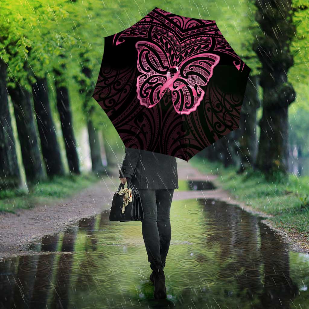 New Zealand Breast Cancer Awareness Umbrella Maori Butterfly Pink Ribbon Black Version LT14 - Polynesian Pride