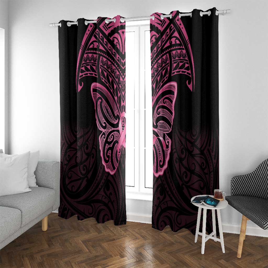 New Zealand Breast Cancer Awareness Window Curtain Maori Butterfly Pink Ribbon Black Version LT14 With Grommets Black - Polynesian Pride