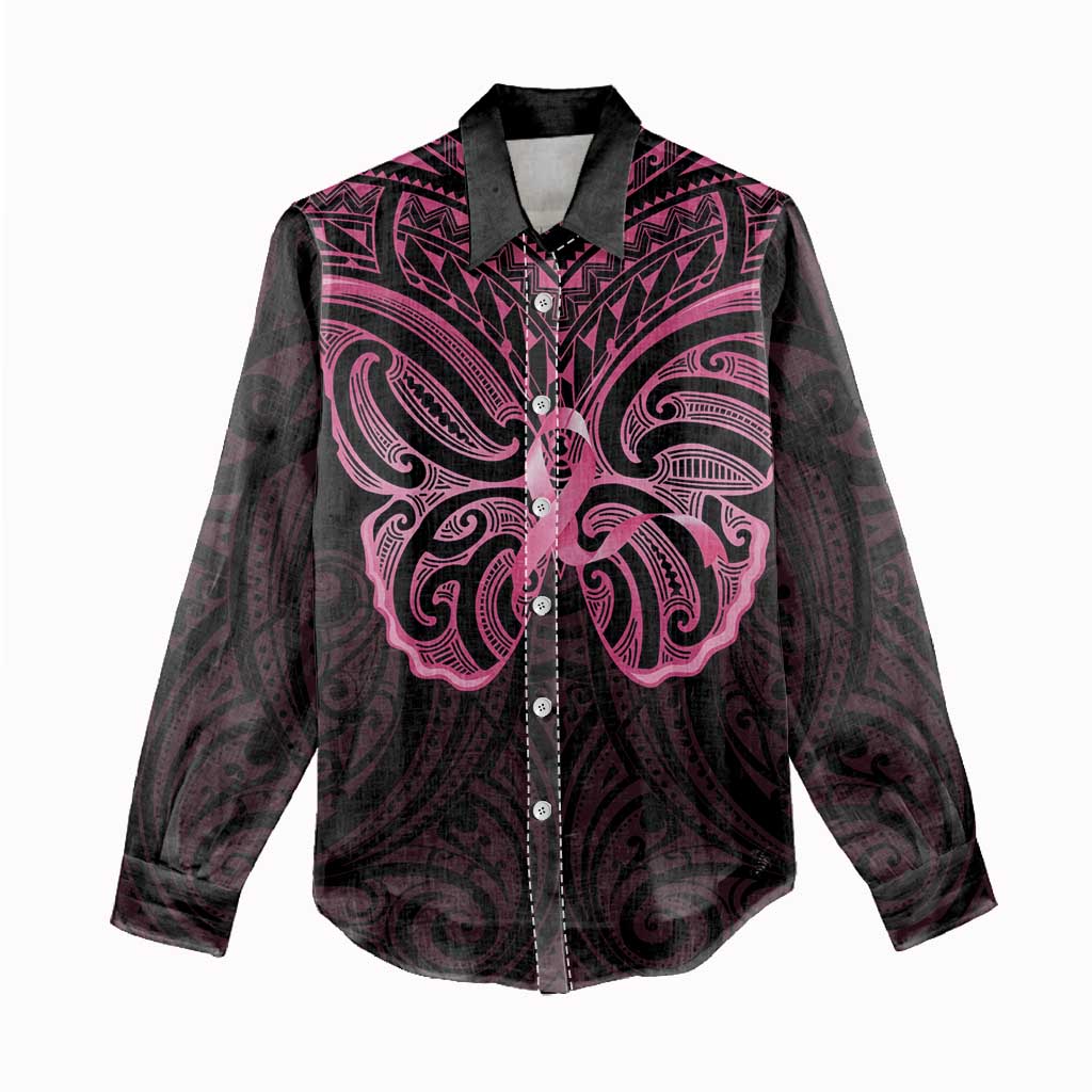 New Zealand Breast Cancer Awareness Women Casual Shirt Maori Butterfly Pink Ribbon Black Version - Polynesian Pride
