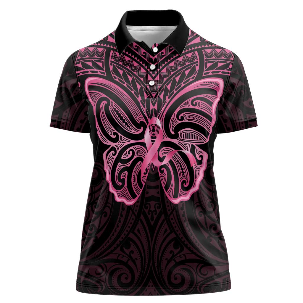 New Zealand Breast Cancer Awareness Women Polo Shirt Maori Butterfly Pink Ribbon Black Version - Polynesian Pride