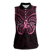 New Zealand Breast Cancer Awareness Women Sleeveless Polo Shirt Maori Butterfly Pink Ribbon Black Version LT14 Female Black - Polynesian Pride