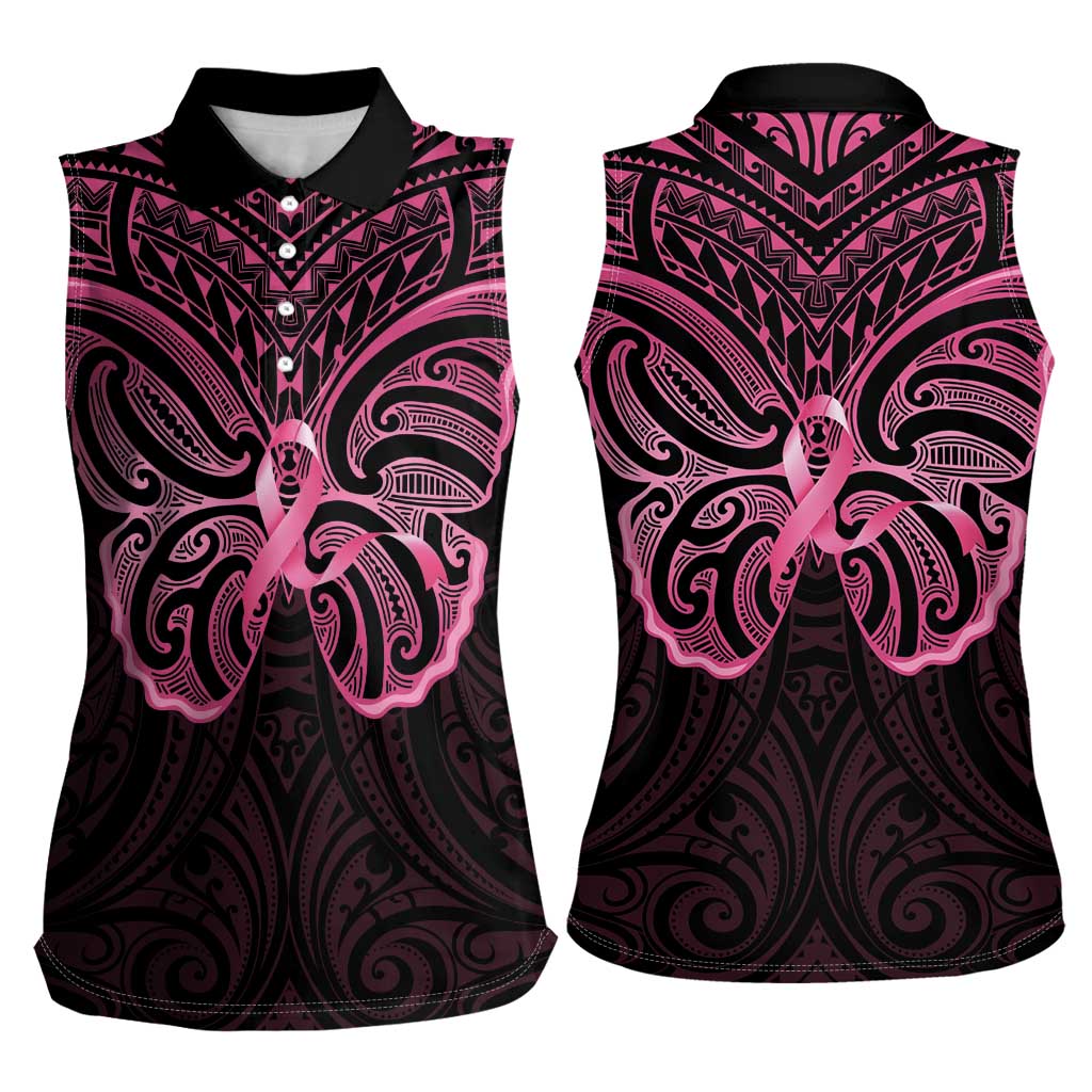 New Zealand Breast Cancer Awareness Women Sleeveless Polo Shirt Maori Butterfly Pink Ribbon Black Version LT14 - Polynesian Pride