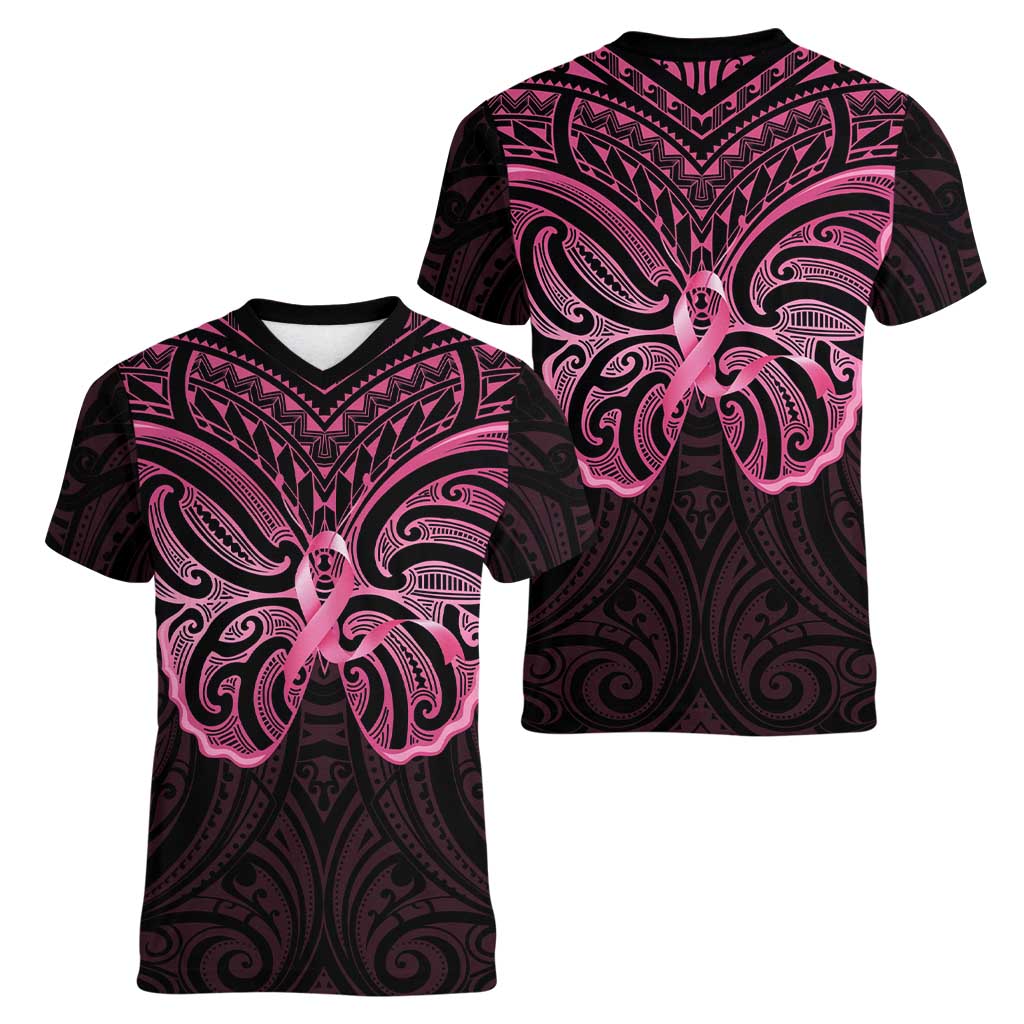 New Zealand Breast Cancer Awareness Women V-Neck T-Shirt Maori Butterfly Pink Ribbon Black Version LT14 - Polynesian Pride