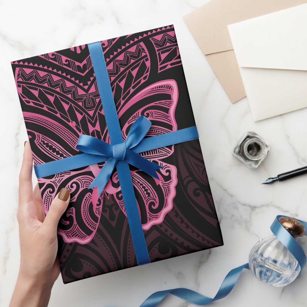 New Zealand Breast Cancer Awareness Wrapping Paper Maori Butterfly Pink Ribbon Black Version LT14 - Polynesian Pride