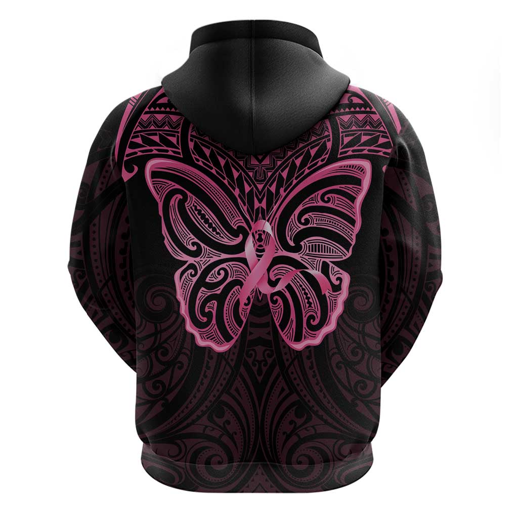 New Zealand Breast Cancer Awareness Zip Hoodie Maori Butterfly Pink Ribbon Black Version LT14 - Polynesian Pride