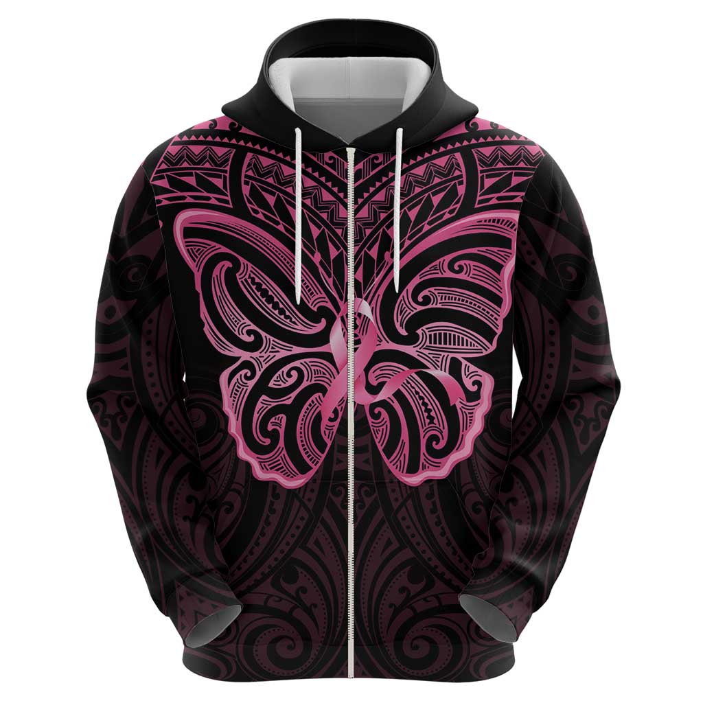 New Zealand Breast Cancer Awareness Zip Hoodie Maori Butterfly Pink Ribbon Black Version LT14 - Polynesian Pride