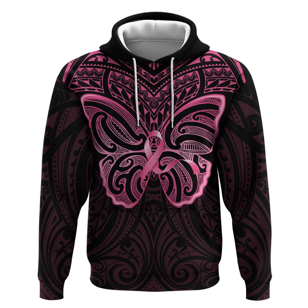 New Zealand Breast Cancer Awareness Zip Hoodie Maori Butterfly Pink Ribbon Black Version LT14 Pullover Hoodie Black - Polynesian Pride