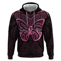 New Zealand Breast Cancer Awareness Zip Hoodie Maori Butterfly Pink Ribbon Black Version LT14 Pullover Hoodie Black - Polynesian Pride