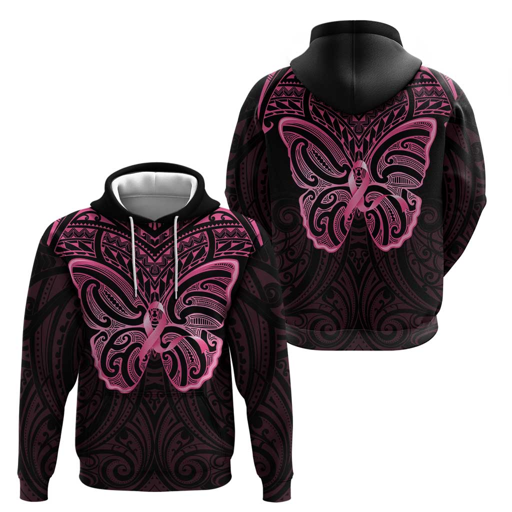 New Zealand Breast Cancer Awareness Zip Hoodie Maori Butterfly Pink Ribbon Black Version LT14 - Polynesian Pride