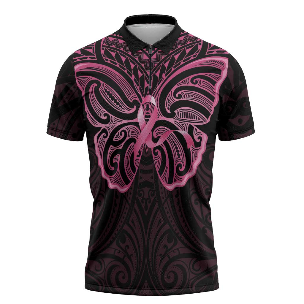 New Zealand Breast Cancer Awareness Zipper Polo Shirt Maori Butterfly Pink Ribbon Black Version LT14 Black - Polynesian Pride