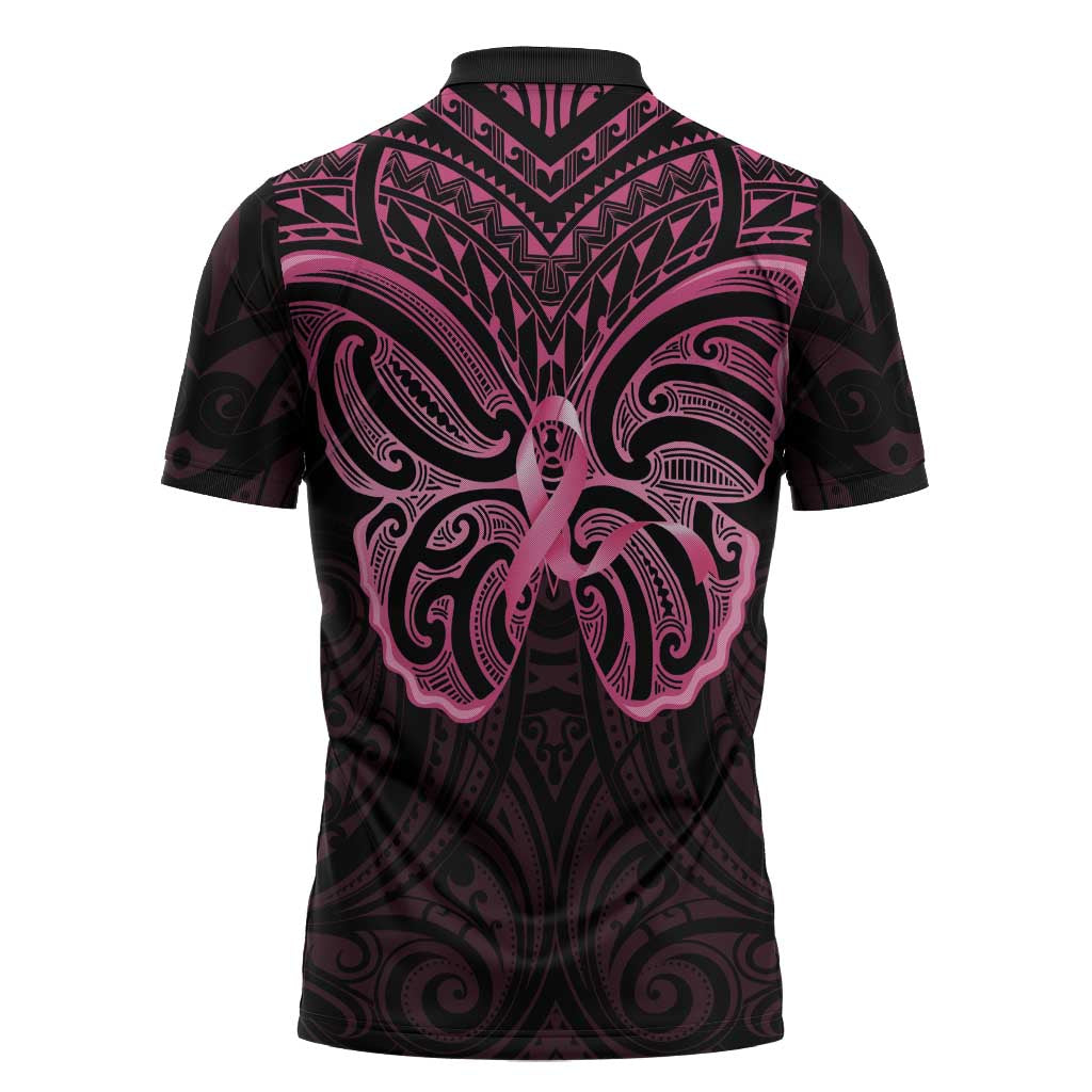 New Zealand Breast Cancer Awareness Zipper Polo Shirt Maori Butterfly Pink Ribbon Black Version LT14 - Polynesian Pride