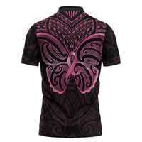 New Zealand Breast Cancer Awareness Zipper Polo Shirt Maori Butterfly Pink Ribbon Black Version LT14 - Polynesian Pride