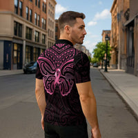 New Zealand Breast Cancer Awareness Zipper Polo Shirt Maori Butterfly Pink Ribbon Black Version LT14 - Polynesian Pride