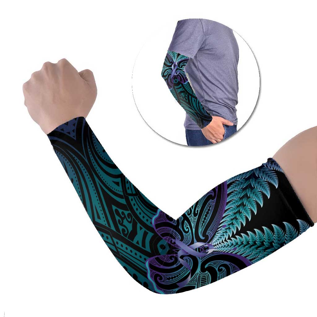 Suicide Prevention New Zealand Arm Sleeves Aotearoa Maori Butterfly Mix Silver Fern LT14 Set of 2 Black - Polynesian Pride