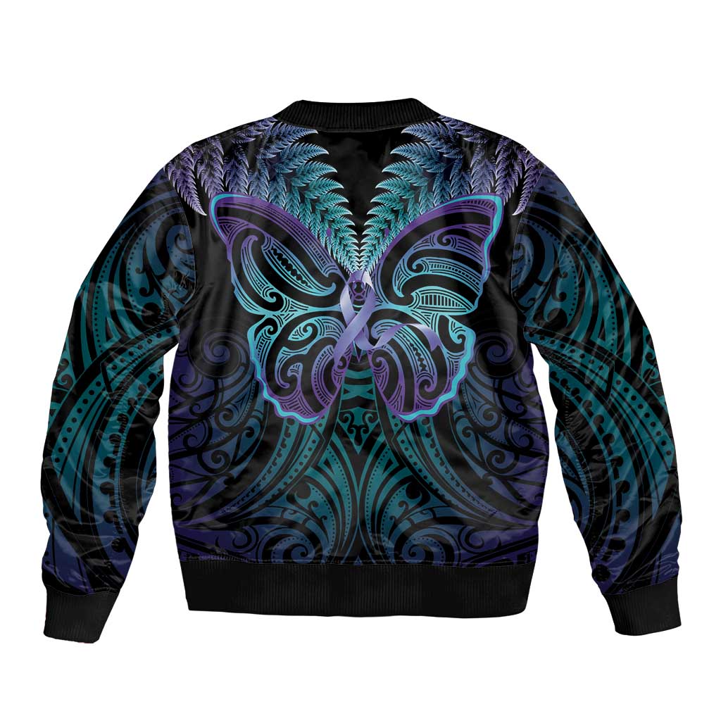 Suicide Prevention New Zealand Bomber Jacket Aotearoa Maori Butterfly Mix Silver Fern - Polynesian Pride