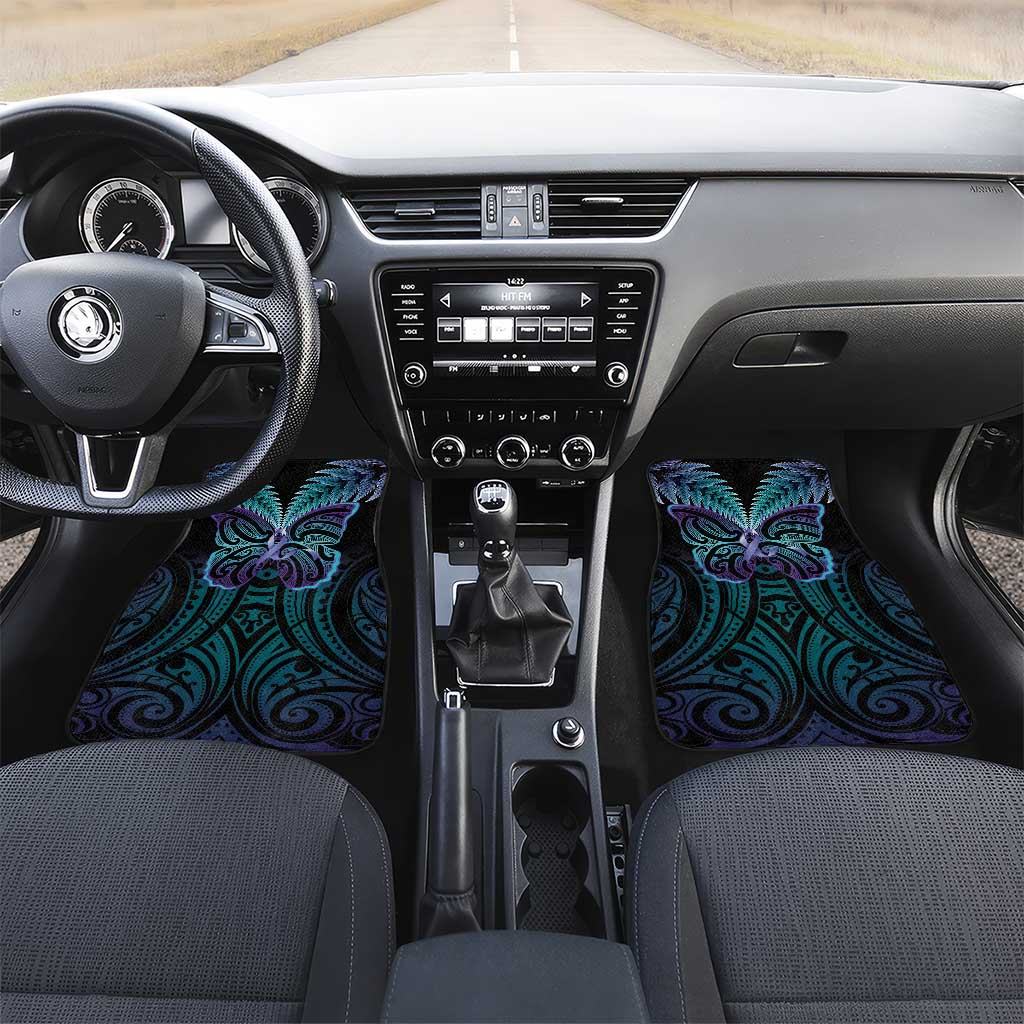 Suicide Prevention New Zealand Car Mats Aotearoa Maori Butterfly Mix Silver Fern LT14 Set 2pcs - Front Black - Polynesian Pride