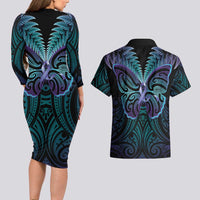 Suicide Prevention New Zealand Couples Matching Long Sleeve Bodycon Dress and Hawaiian Shirt Aotearoa Maori Butterfly Mix Silver Fern LT14 - Polynesian Pride