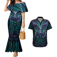 Suicide Prevention New Zealand Couples Matching Mermaid Dress and Hawaiian Shirt Aotearoa Maori Butterfly Mix Silver Fern LT14 Black - Polynesian Pride