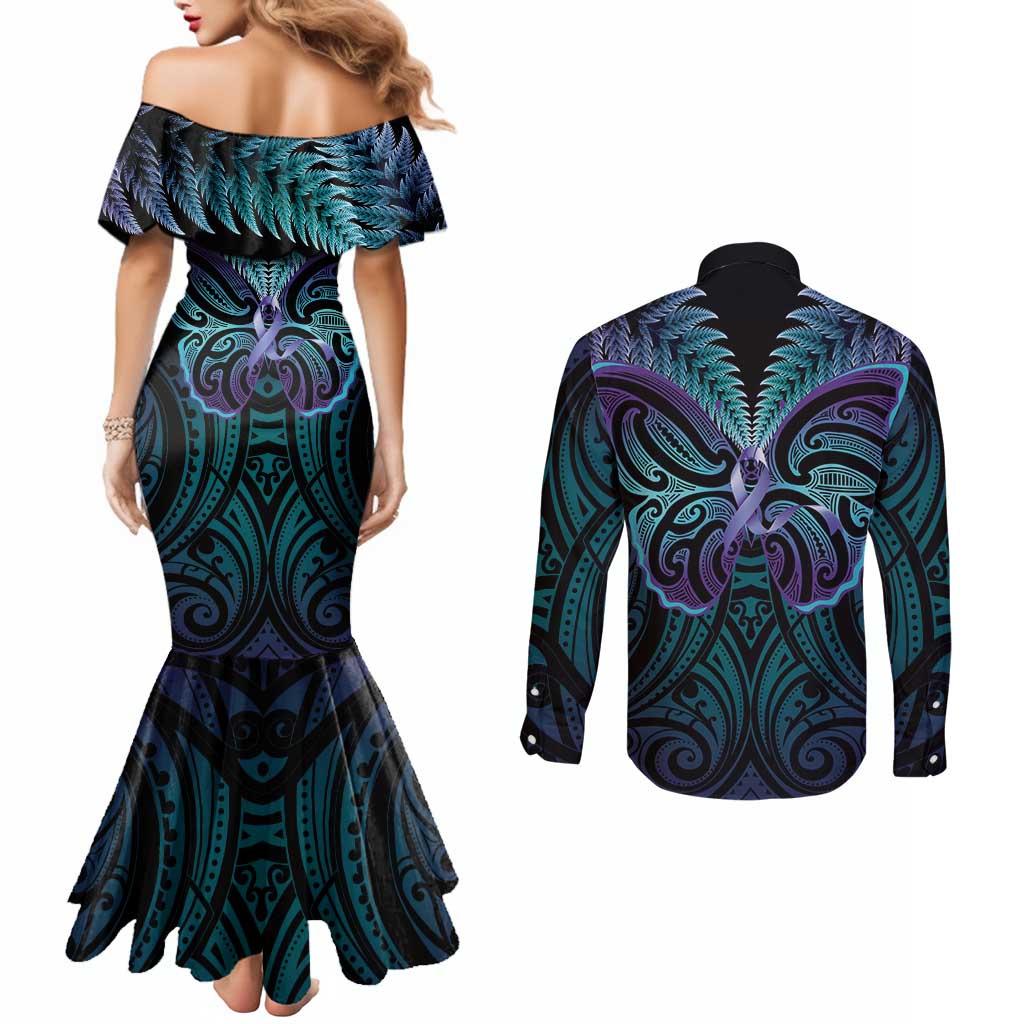 Suicide Prevention New Zealand Couples Matching Mermaid Dress and Long Sleeve Button Shirt Aotearoa Maori Butterfly Mix Silver Fern LT14 - Polynesian Pride
