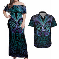 Suicide Prevention New Zealand Couples Matching Off Shoulder Maxi Dress and Hawaiian Shirt Aotearoa Maori Butterfly Mix Silver Fern LT14 Black - Polynesian Pride