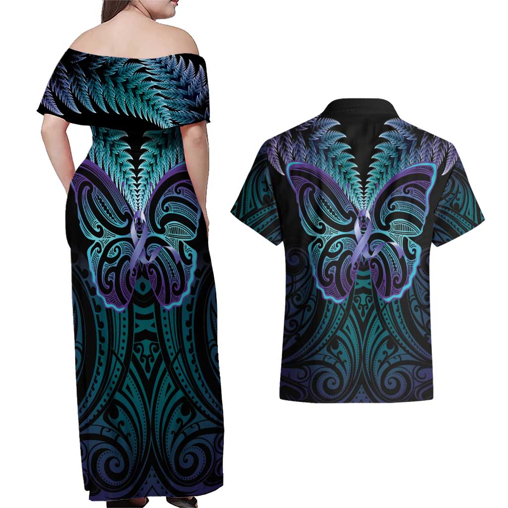 Suicide Prevention New Zealand Couples Matching Off Shoulder Maxi Dress and Hawaiian Shirt Aotearoa Maori Butterfly Mix Silver Fern LT14 - Polynesian Pride