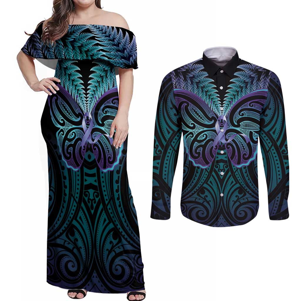 Suicide Prevention New Zealand Couples Matching Off Shoulder Maxi Dress and Long Sleeve Button Shirt Aotearoa Maori Butterfly Mix Silver Fern LT14 Black - Polynesian Pride