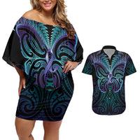 Suicide Prevention New Zealand Couples Matching Off Shoulder Short Dress and Hawaiian Shirt Aotearoa Maori Butterfly Mix Silver Fern LT14 Black - Polynesian Pride