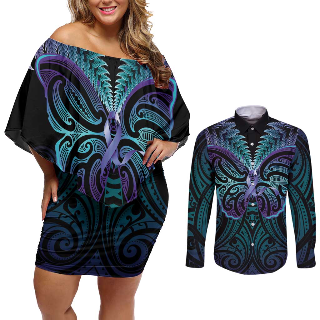 Suicide Prevention New Zealand Couples Matching Off Shoulder Short Dress and Long Sleeve Button Shirt Aotearoa Maori Butterfly Mix Silver Fern LT14 Black - Polynesian Pride