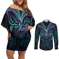 Suicide Prevention New Zealand Couples Matching Off Shoulder Short Dress and Long Sleeve Button Shirt Aotearoa Maori Butterfly Mix Silver Fern LT14 Black - Polynesian Pride