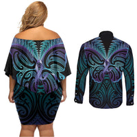 Suicide Prevention New Zealand Couples Matching Off Shoulder Short Dress and Long Sleeve Button Shirt Aotearoa Maori Butterfly Mix Silver Fern LT14 - Polynesian Pride