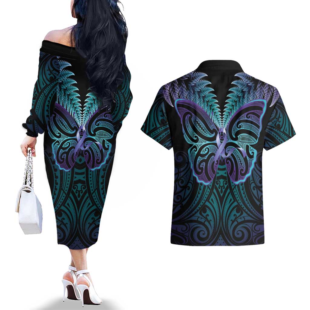 Suicide Prevention New Zealand Couples Matching Off The Shoulder Long Sleeve Dress and Hawaiian Shirt Aotearoa Maori Butterfly Mix Silver Fern LT14 - Polynesian Pride