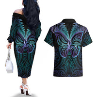 Suicide Prevention New Zealand Couples Matching Off The Shoulder Long Sleeve Dress and Hawaiian Shirt Aotearoa Maori Butterfly Mix Silver Fern LT14 - Polynesian Pride
