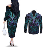 Suicide Prevention New Zealand Couples Matching Off The Shoulder Long Sleeve Dress and Long Sleeve Button Shirt Aotearoa Maori Butterfly Mix Silver Fern LT14 - Polynesian Pride