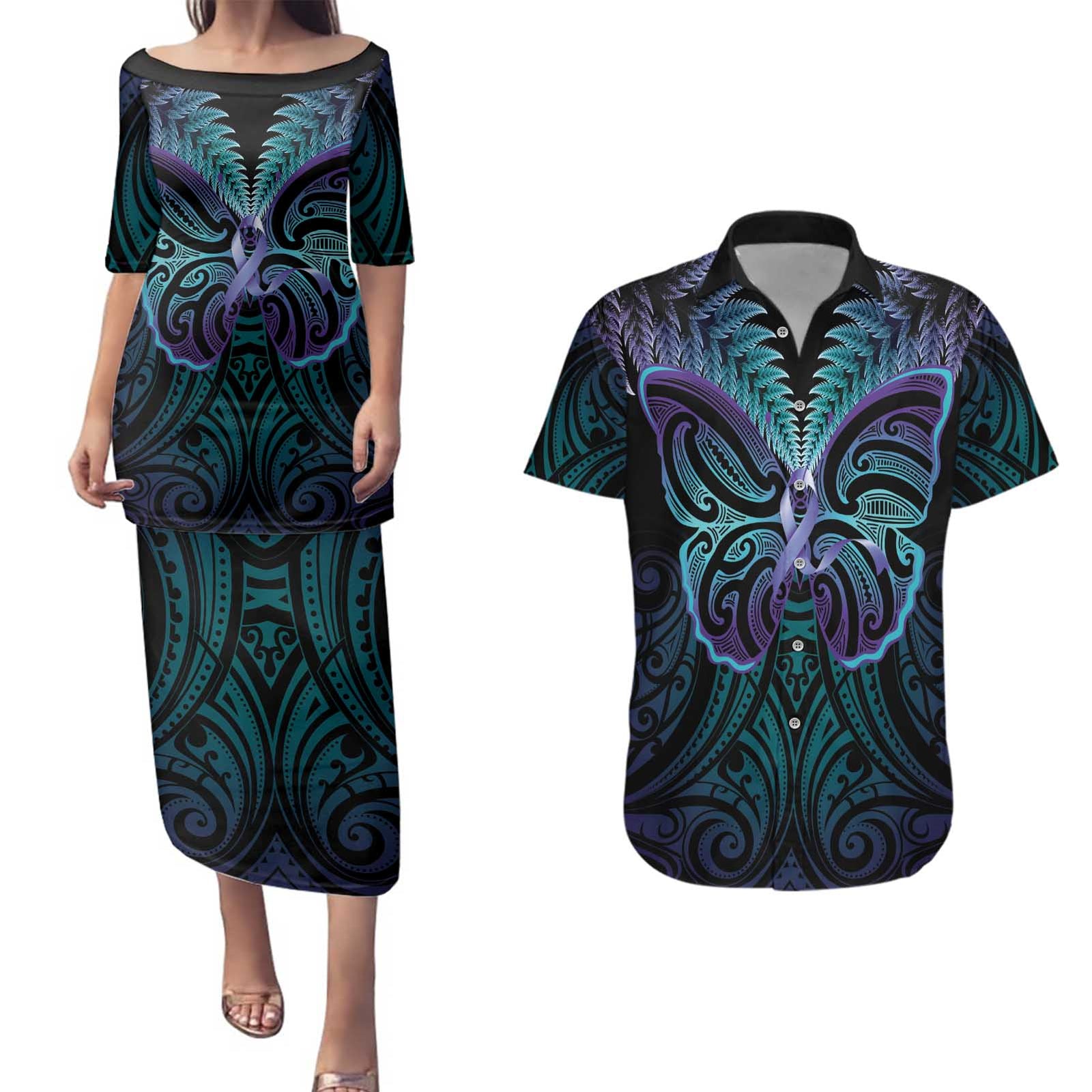 Suicide Prevention New Zealand Couples Matching Puletasi and Hawaiian Shirt Aotearoa Maori Butterfly Mix Silver Fern LT14 Black - Polynesian Pride