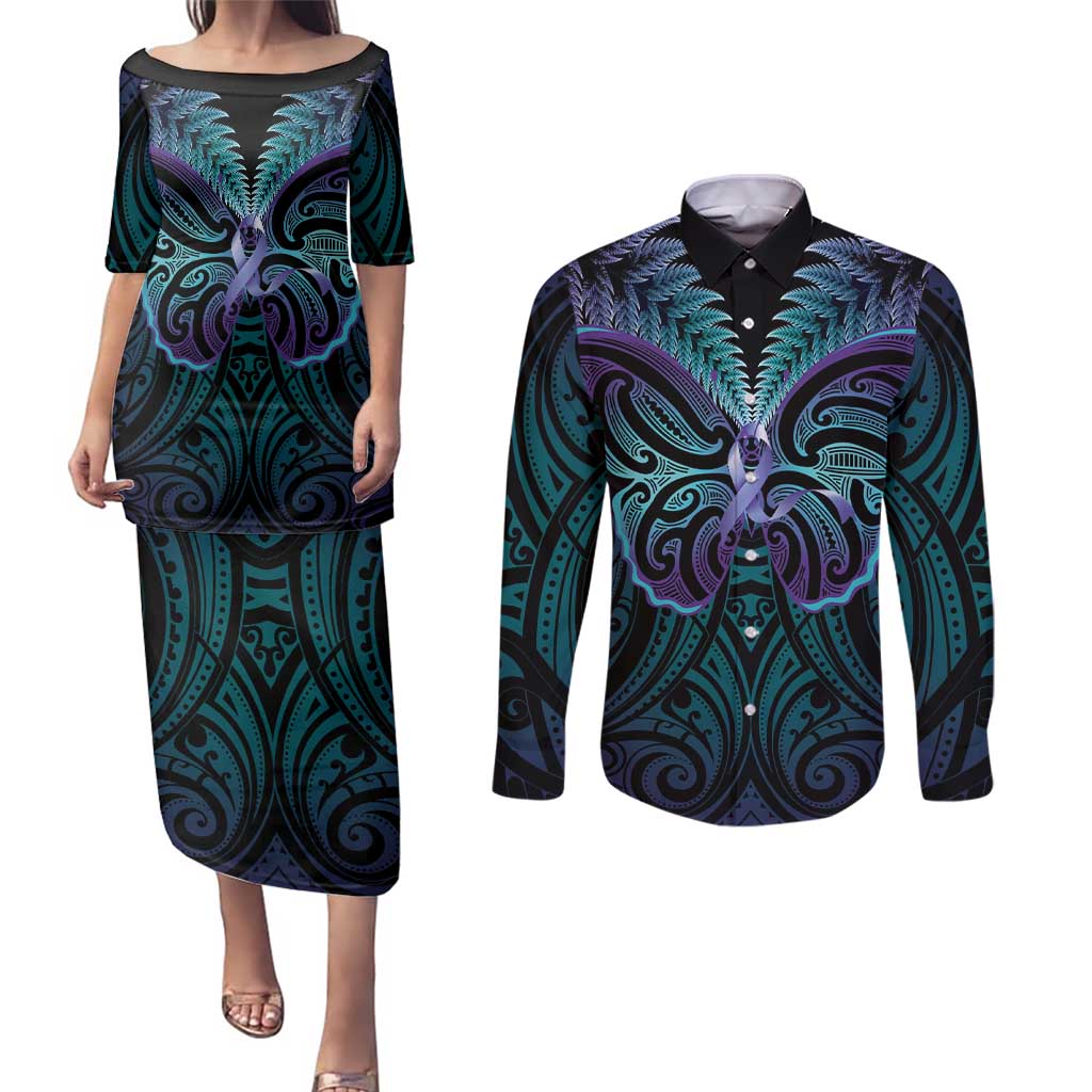 Suicide Prevention New Zealand Couples Matching Puletasi and Long Sleeve Button Shirt Aotearoa Maori Butterfly Mix Silver Fern - Polynesian Pride