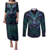 Suicide Prevention New Zealand Couples Matching Puletasi and Long Sleeve Button Shirt Aotearoa Maori Butterfly Mix Silver Fern LT14 Black - Polynesian Pride