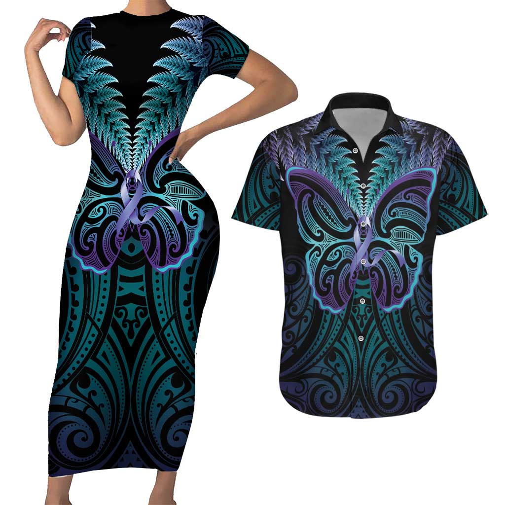 Suicide Prevention New Zealand Couples Matching Short Sleeve Bodycon Dress and Hawaiian Shirt Aotearoa Maori Butterfly Mix Silver Fern LT14 Black - Polynesian Pride