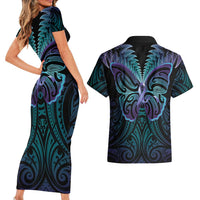 Suicide Prevention New Zealand Couples Matching Short Sleeve Bodycon Dress and Hawaiian Shirt Aotearoa Maori Butterfly Mix Silver Fern LT14 - Polynesian Pride