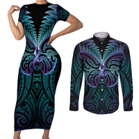 Suicide Prevention New Zealand Couples Matching Short Sleeve Bodycon Dress and Long Sleeve Button Shirt Aotearoa Maori Butterfly Mix Silver Fern LT14 Black - Polynesian Pride