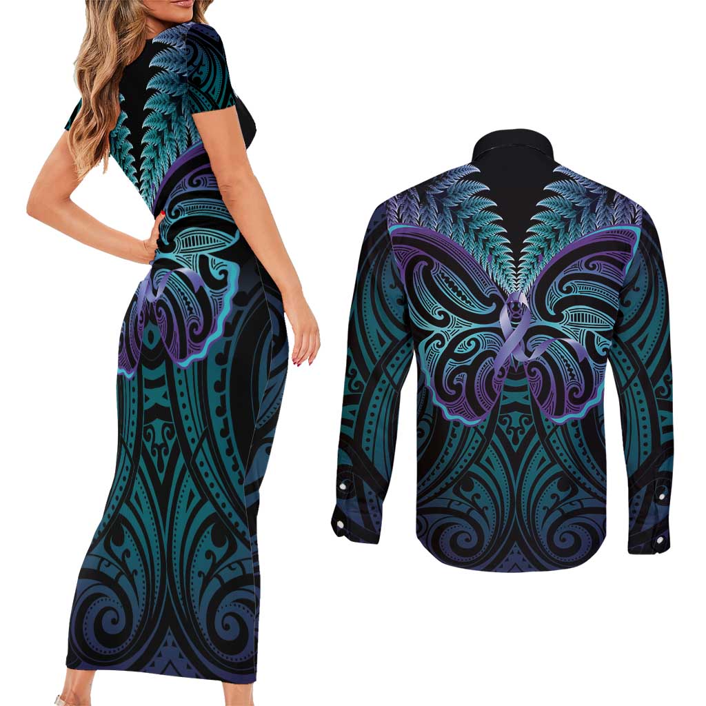 Suicide Prevention New Zealand Couples Matching Short Sleeve Bodycon Dress and Long Sleeve Button Shirt Aotearoa Maori Butterfly Mix Silver Fern LT14 - Polynesian Pride