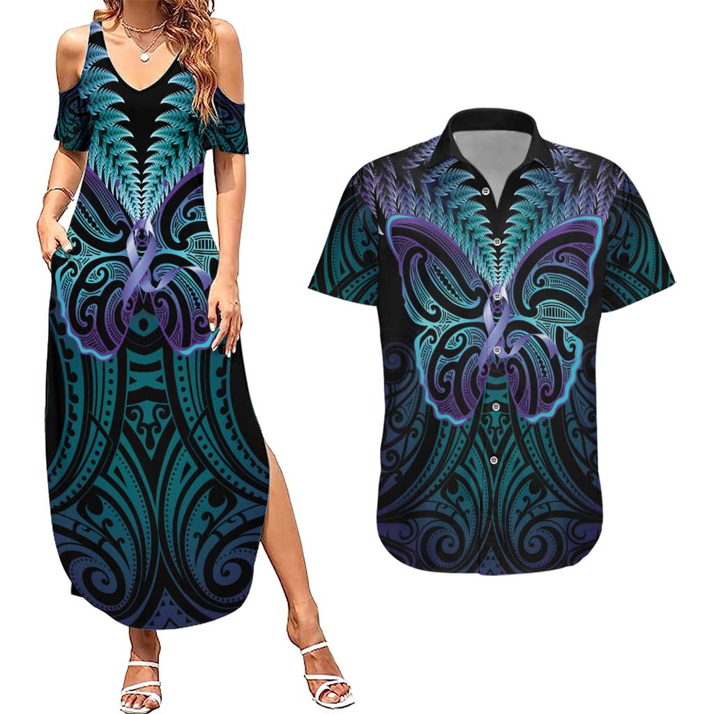 Suicide Prevention New Zealand Couples Matching Summer Maxi Dress and Hawaiian Shirt Aotearoa Maori Butterfly Mix Silver Fern LT14 Black - Polynesian Pride
