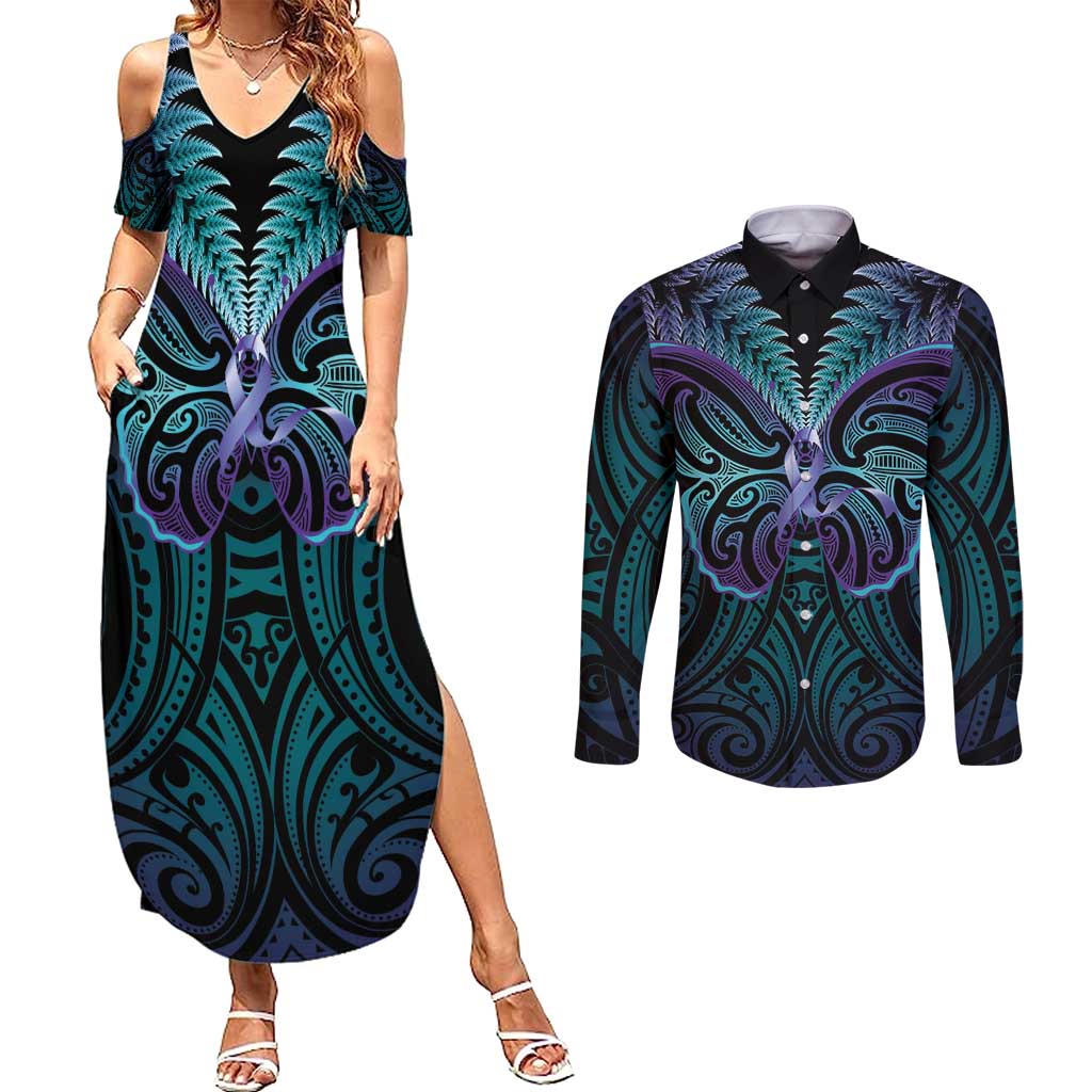 Suicide Prevention New Zealand Couples Matching Summer Maxi Dress and Long Sleeve Button Shirt Aotearoa Maori Butterfly Mix Silver Fern LT14 Black - Polynesian Pride