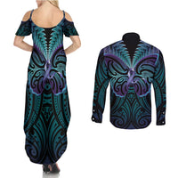 Suicide Prevention New Zealand Couples Matching Summer Maxi Dress and Long Sleeve Button Shirt Aotearoa Maori Butterfly Mix Silver Fern LT14 - Polynesian Pride