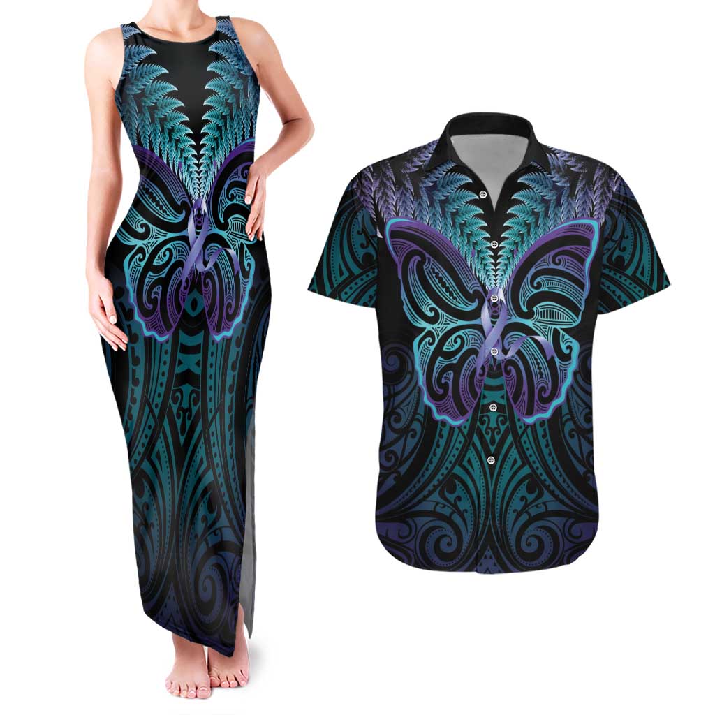 Suicide Prevention New Zealand Couples Matching Tank Maxi Dress and Hawaiian Shirt Aotearoa Maori Butterfly Mix Silver Fern LT14 Black - Polynesian Pride